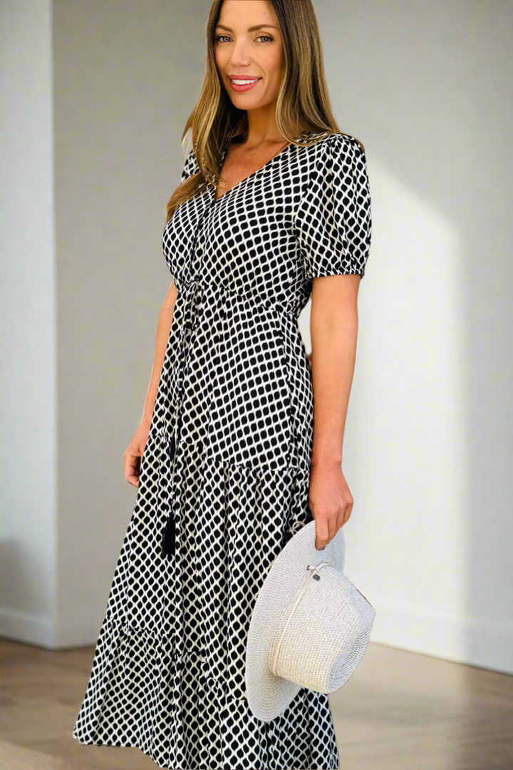 Chelsea Black and Cream Print Midi Dress