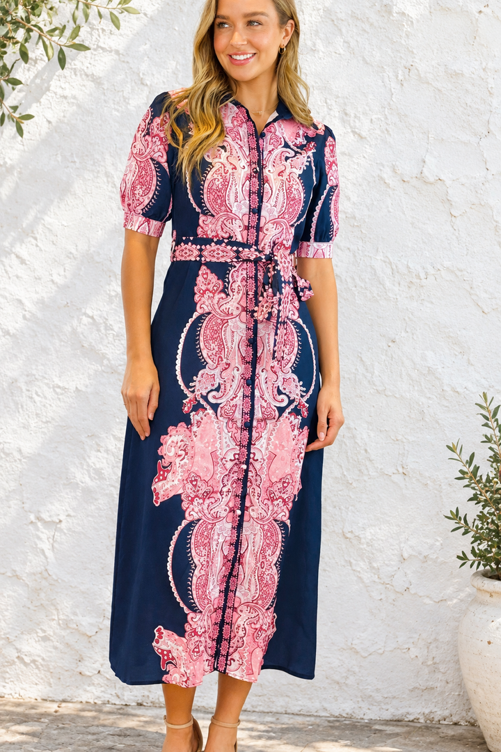 Eden Navy Short Sleeve Dress With Pink Embroidered Print.