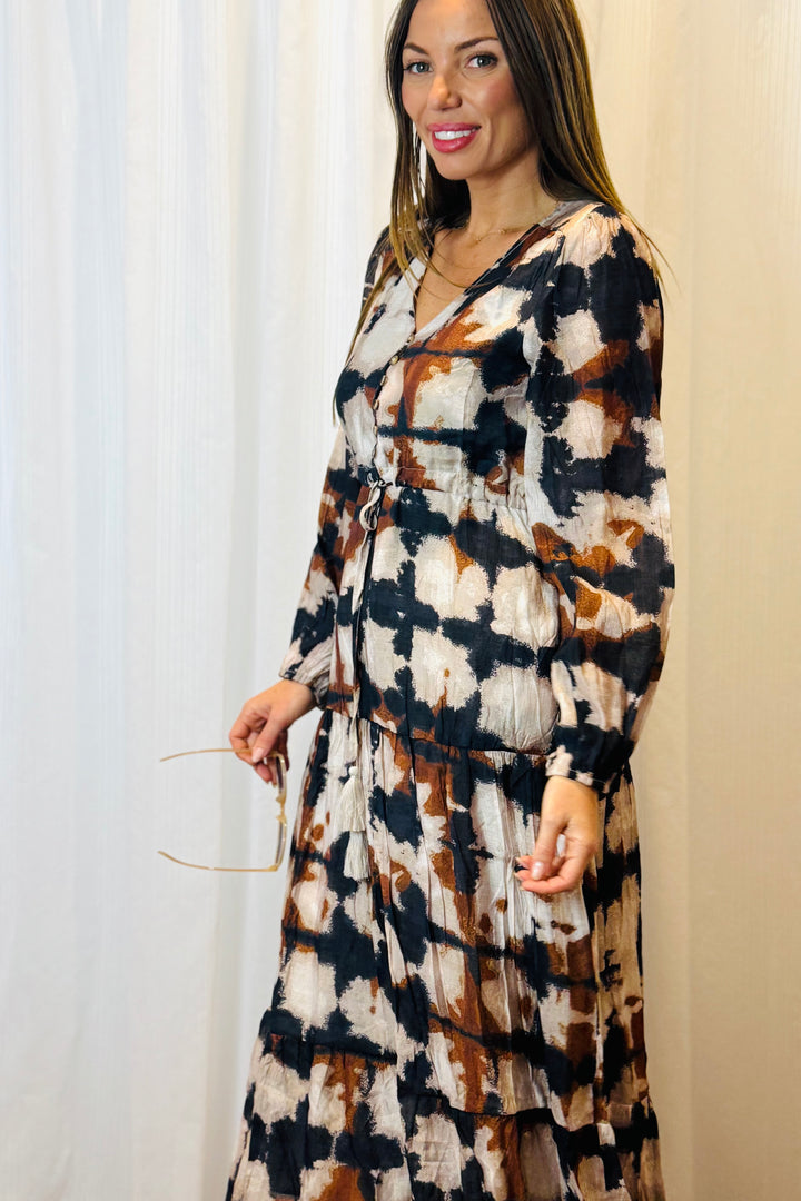 Macey Black and Beige Multi Print Dress