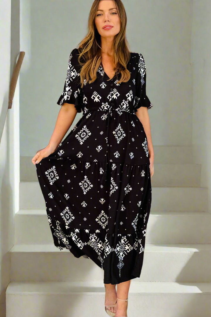 Layla Drawstring Black And White Boho Print Midi