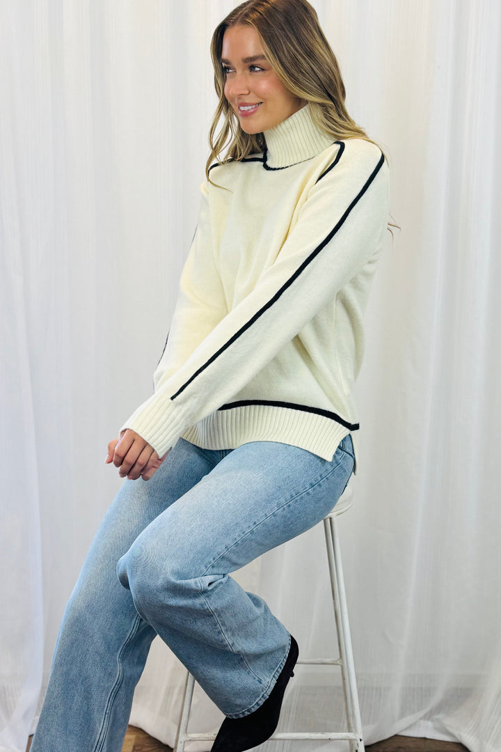 Angie High Neck Knit in Cream With Black Detail