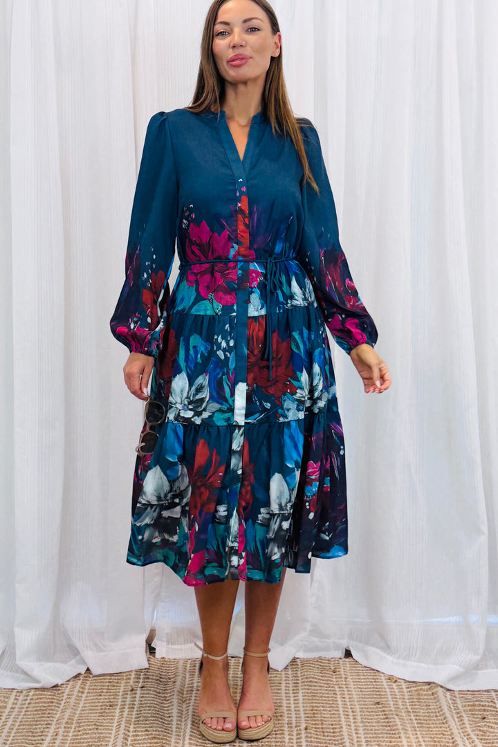 Messina Navy Multi Print Midi Dress
