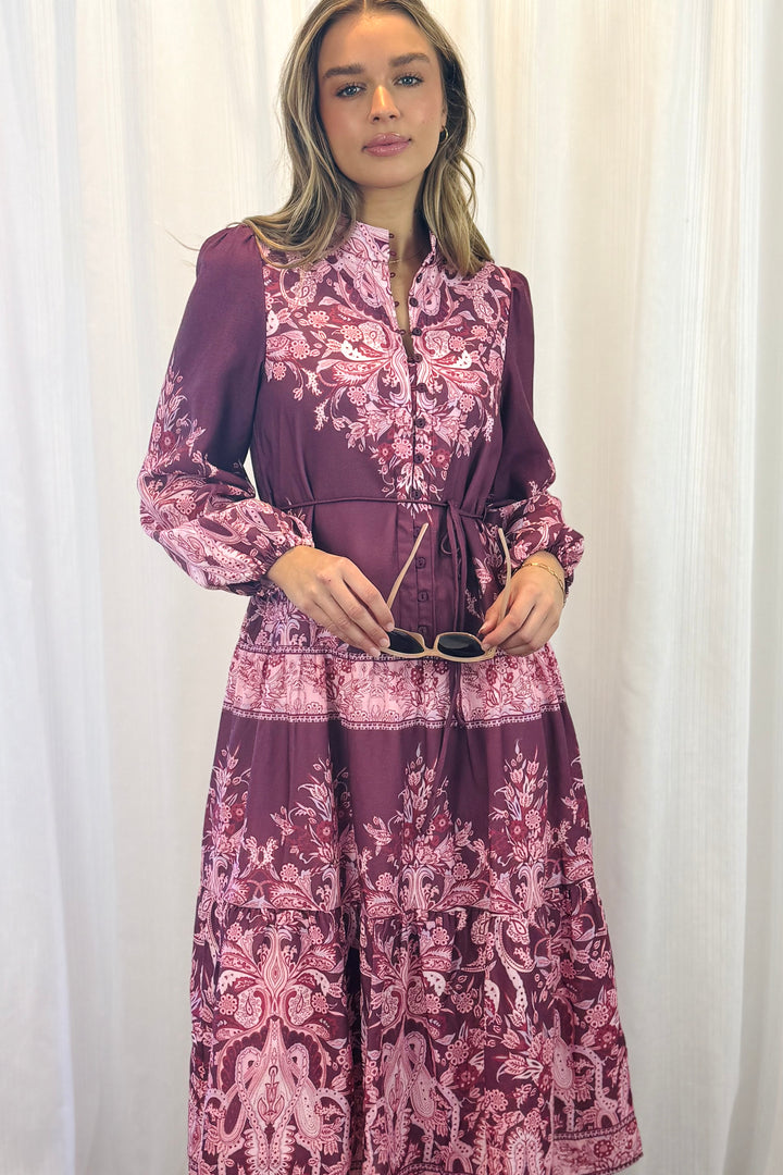 Sabrina Midi Multi Print Dress in Pink and Claret