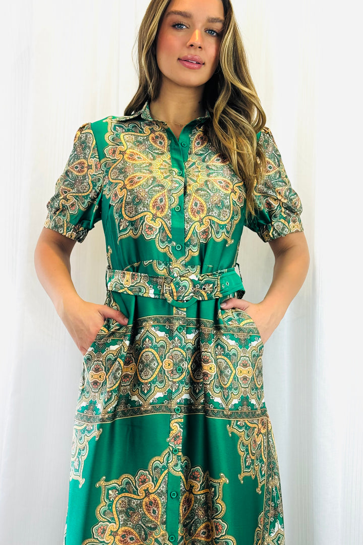 Angelina Embroidered Print Dress in Green