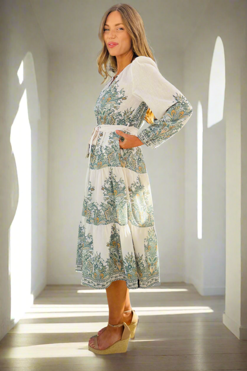 Vivienne Cream And Olive Multi Print Dress