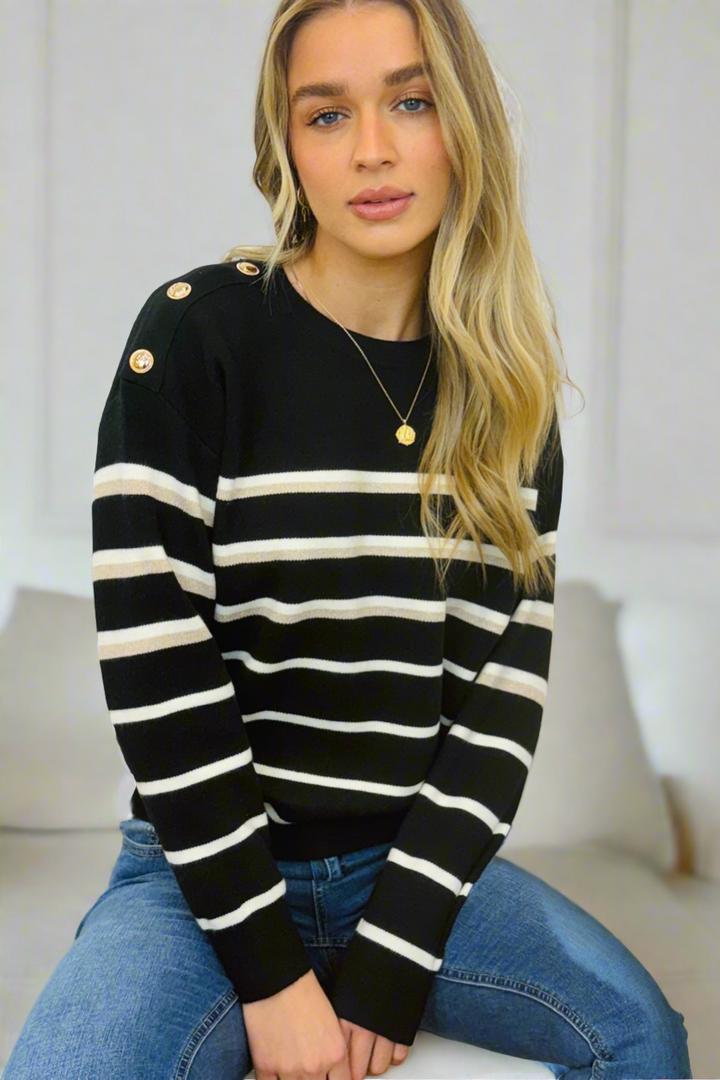 Carley Knit Top in Black and White Stripe with Gold Buttons