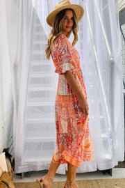 Diana Short Sleeve Midi  Dress in Orange Multi Print