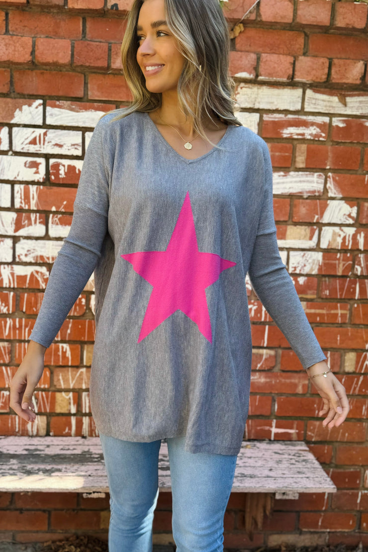 Maya Grey Knit Top with Pink star