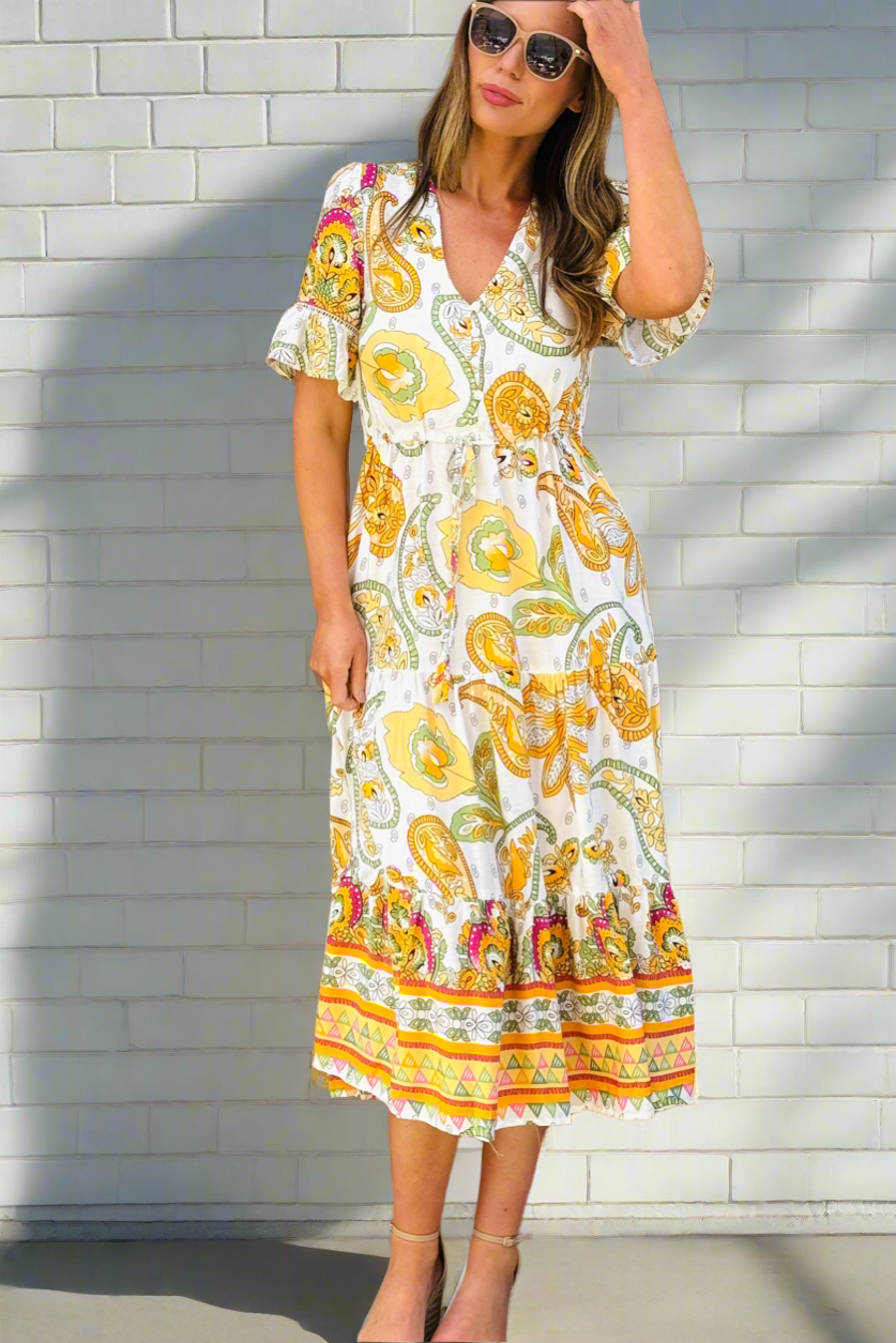 Loretta White Multi Print Midi