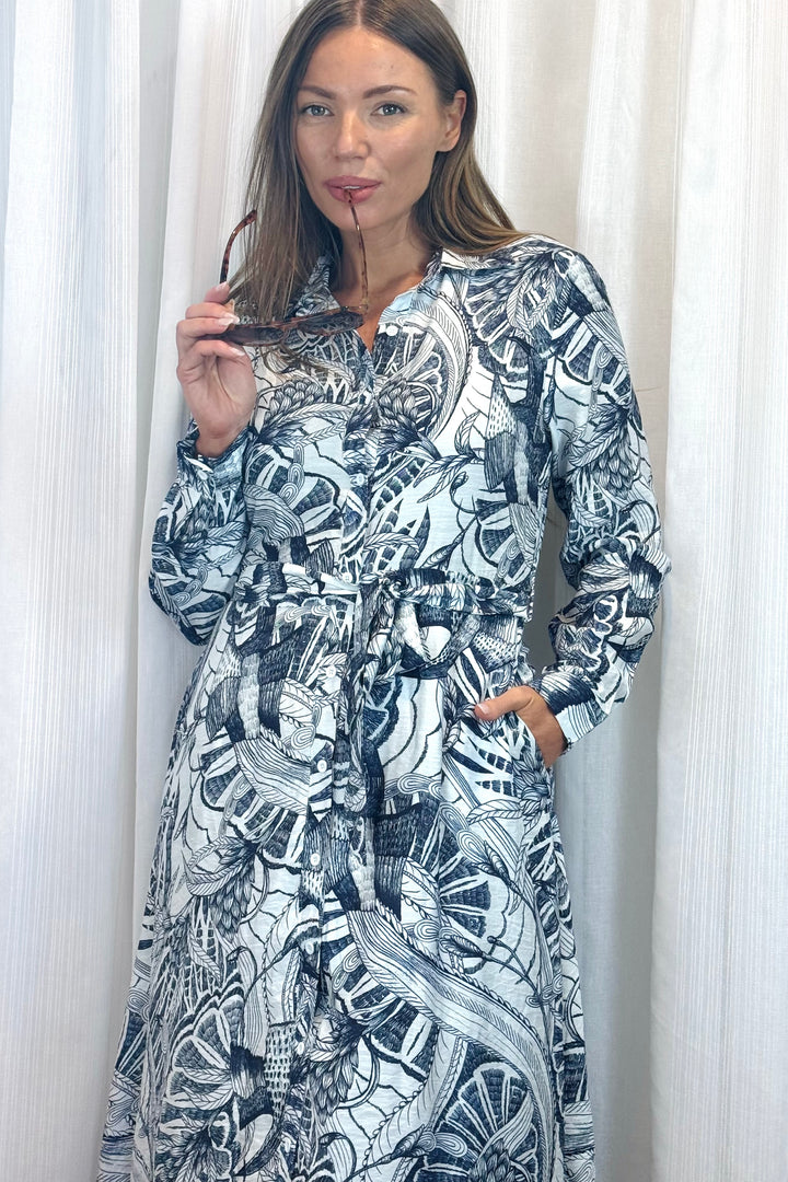 Chelsea Navy and White Multi Print Shirt Dress