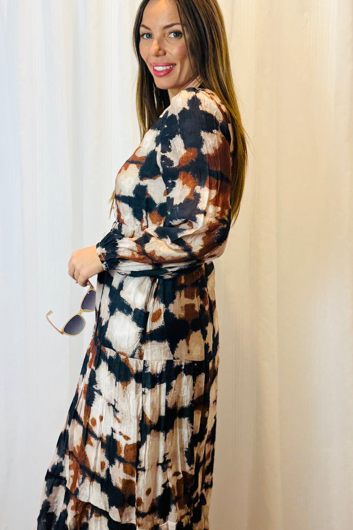Macey Black and Beige Multi Print Dress