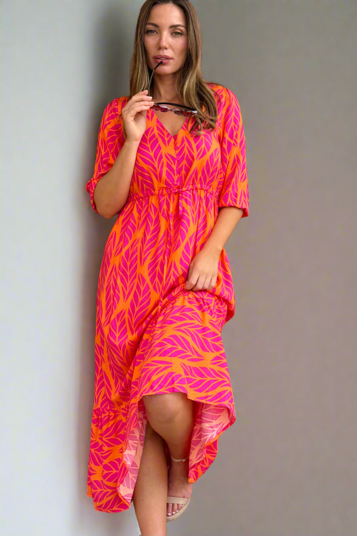 Beth Orange and Pink Multi Print Midi Dress