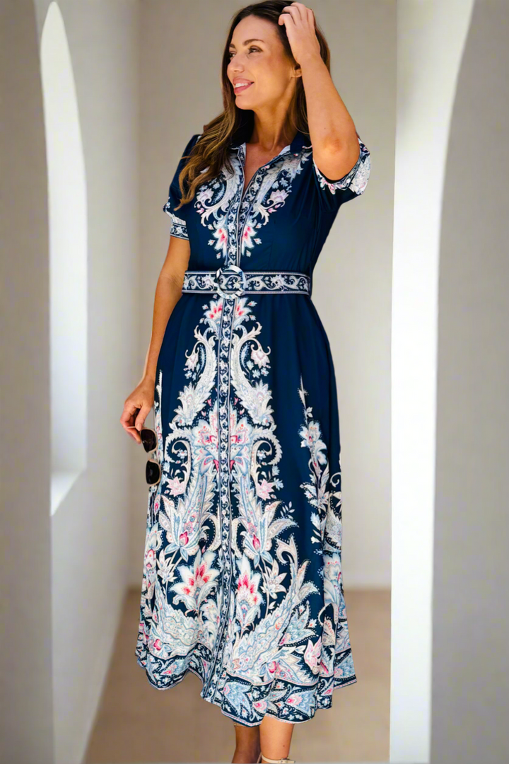 Monica Embroidered Print Dress in Navy