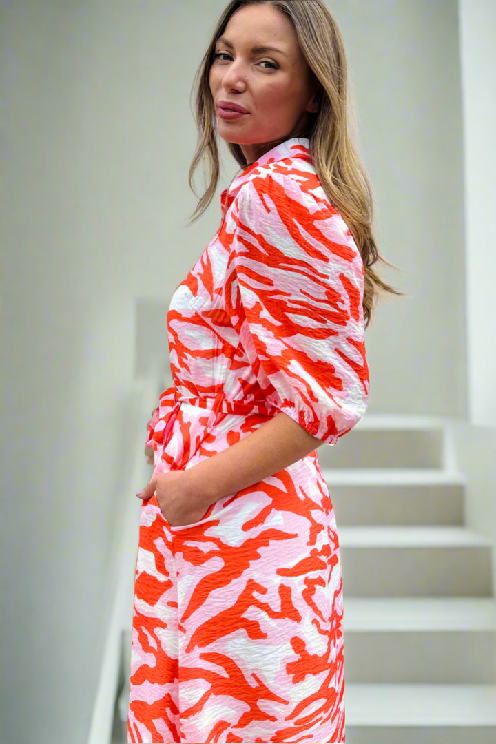 Fallon Orange, Pink and White  Print Midi Shirt Dress