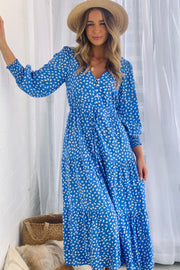 Cooper Drawstring Midi Dress   In Powder blue and White Print