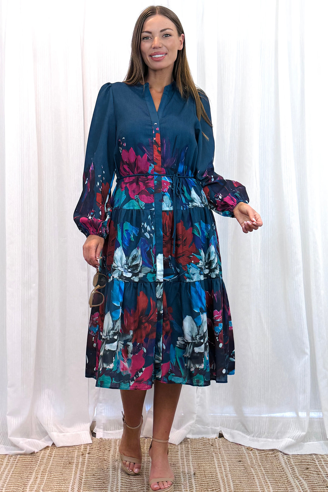 Messina Navy Multi Print Midi Dress