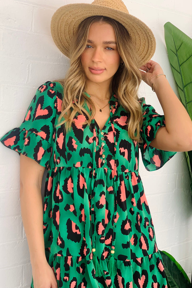 Harper Short Sleeve Leopard Mini Dress in Green
