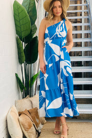 Yasmin One shoulder midi Dress in blue and white Print