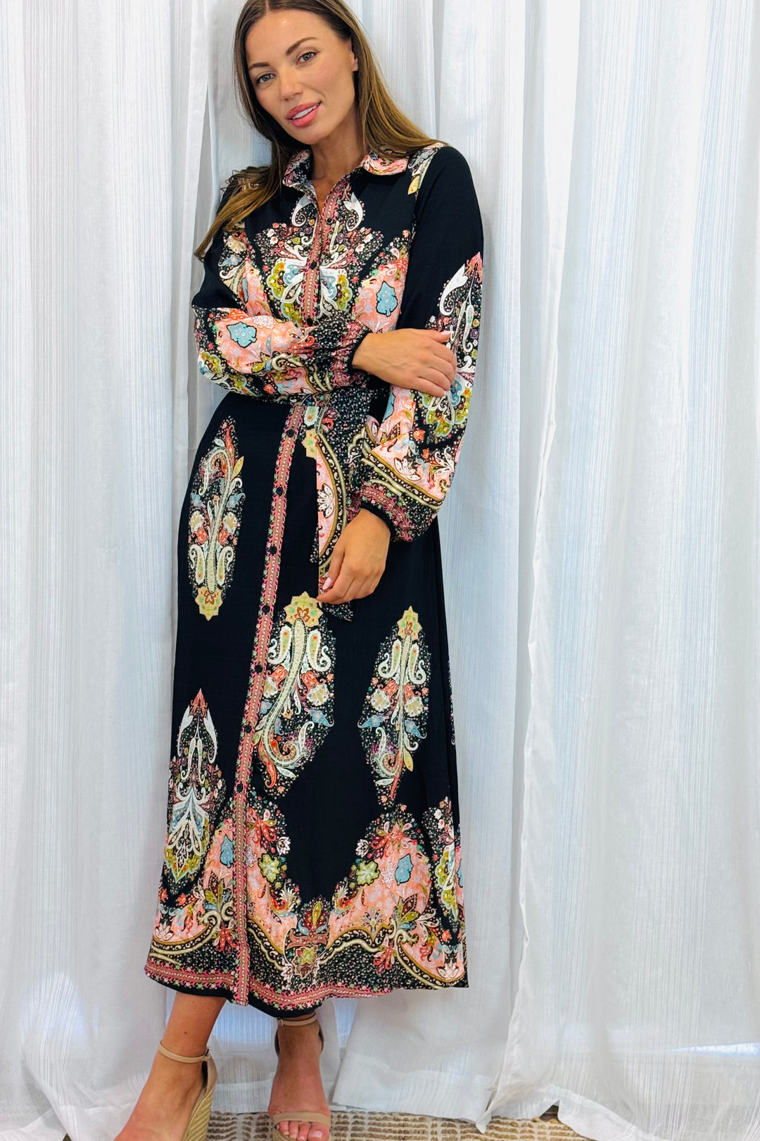 Gidget Long Sleeve Black Embroidered Print Dress in Long Sleeve