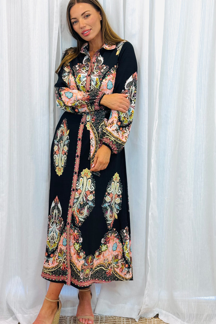 Gidget Long Sleeve Black Embroidered Print Dress in Long Sleeve