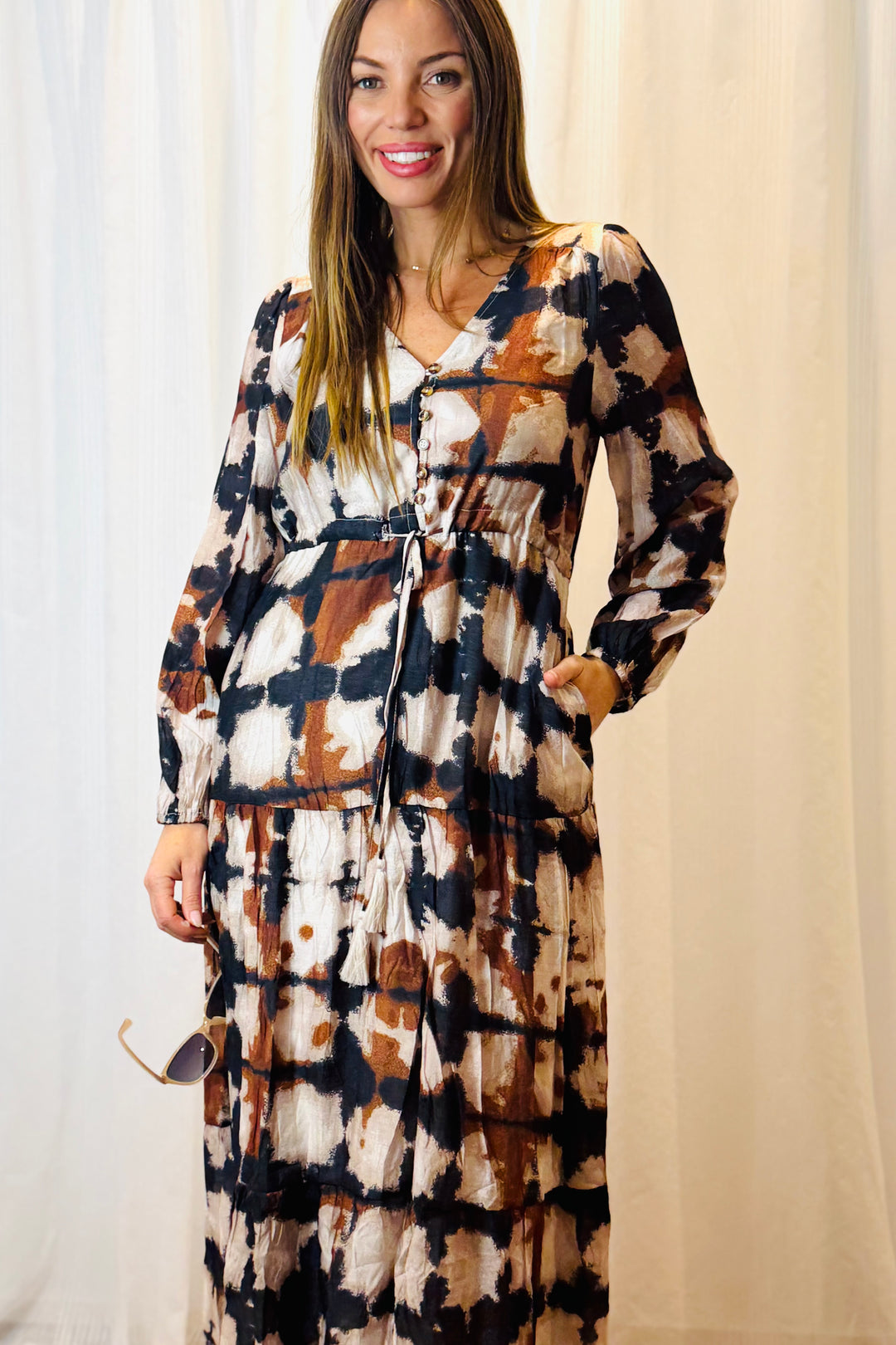 Macey Black and Beige Multi Print Dress