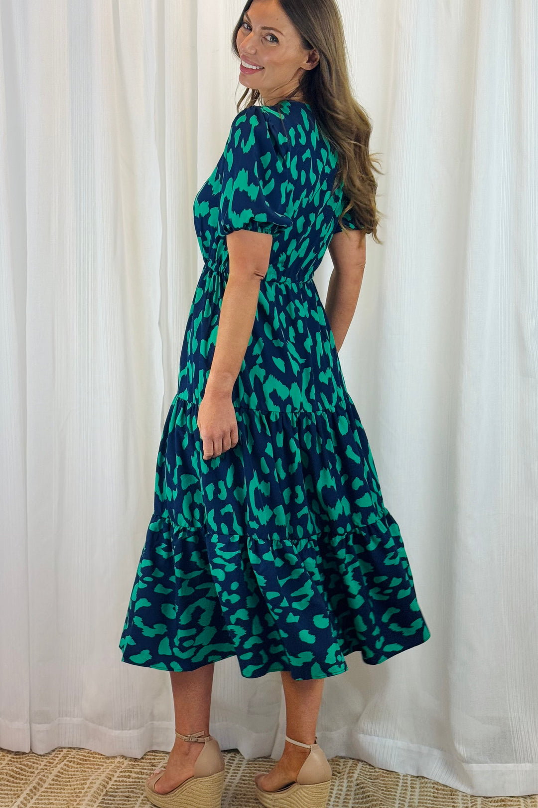 Molli Green and Navy Tiger Print Short Sleeve Dress