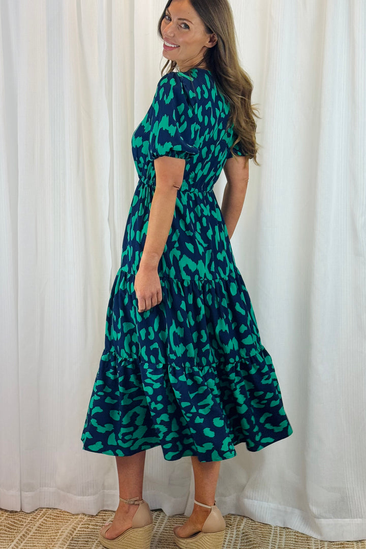 Molli Green and Navy Tiger Print Short Sleeve Dress