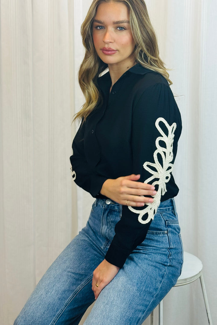 Valerie Black Shirt With Cream Embroidery