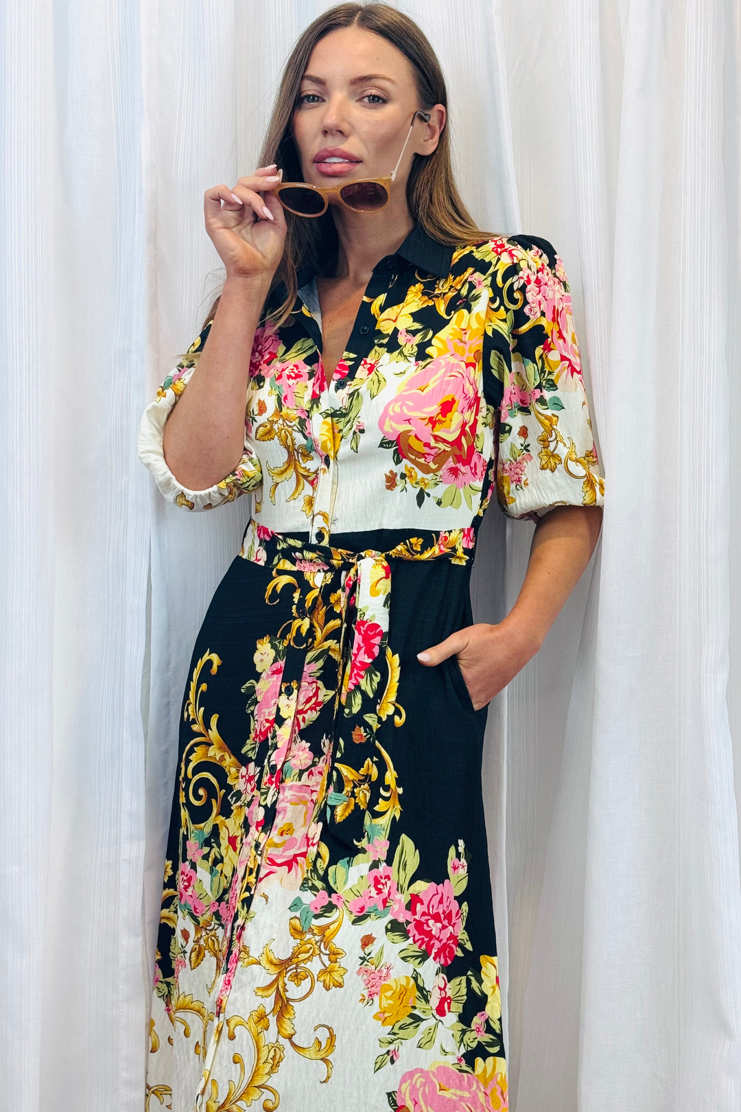 Leila Shirt Dress in Black Multi Print