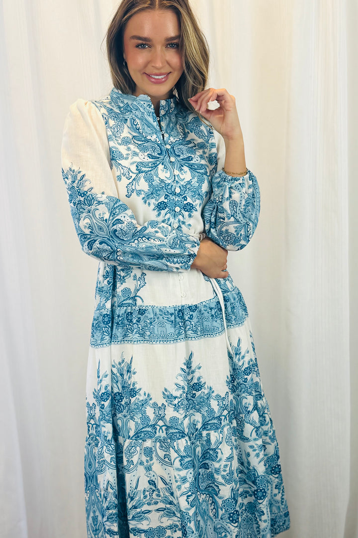 Sabrina Off White and Blue Print Midi Dress