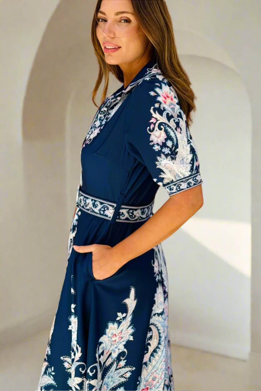 Monica Embroidered Print Dress in Navy