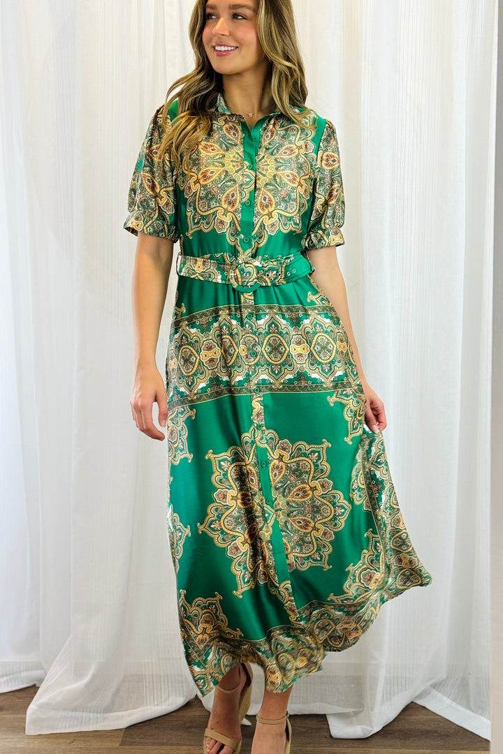 Angelina Embroidered Print Dress in Green