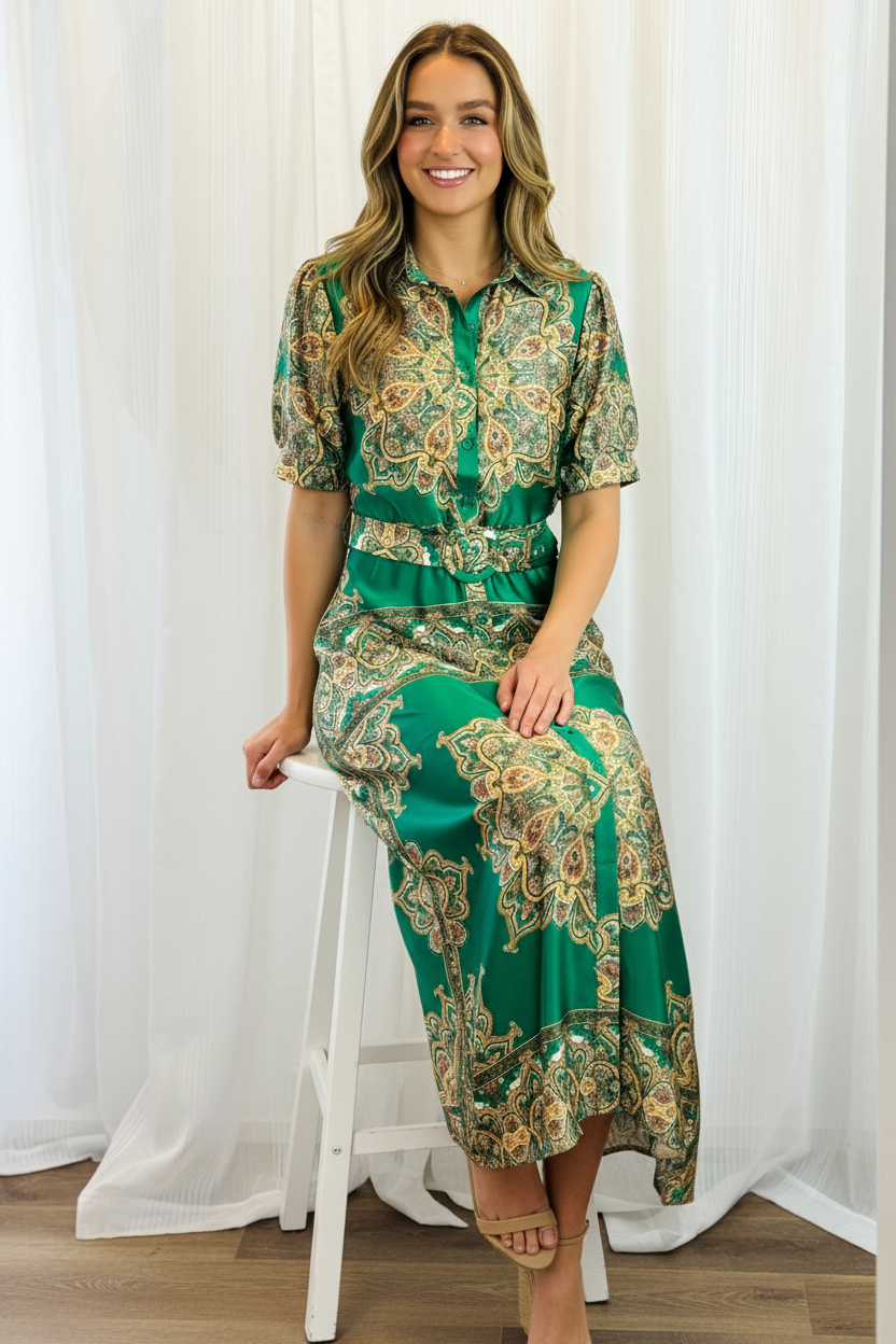 Angelina Embroidered Print Dress in Green