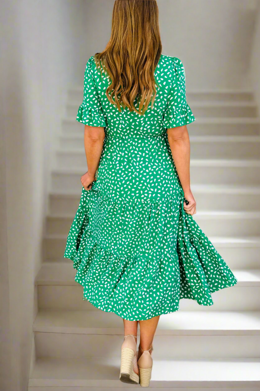 Jeannie Midi Dress  in Apple Green and White- Restocked