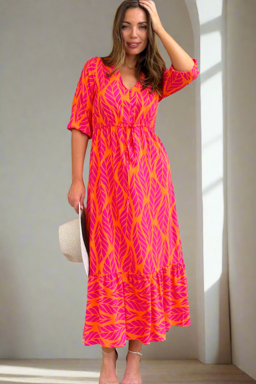 Beth Orange and Pink Multi Print Midi Dress