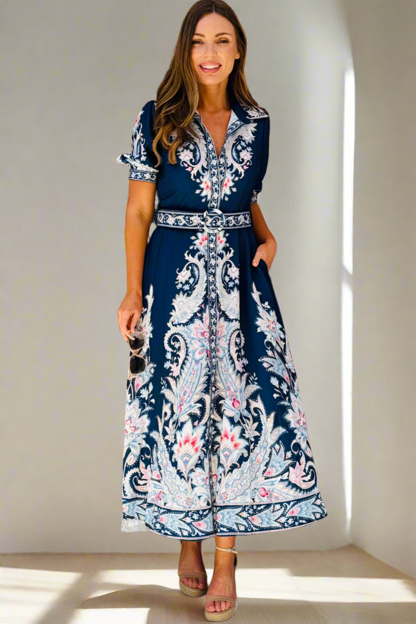 Monica Embroidered Print Dress in Navy