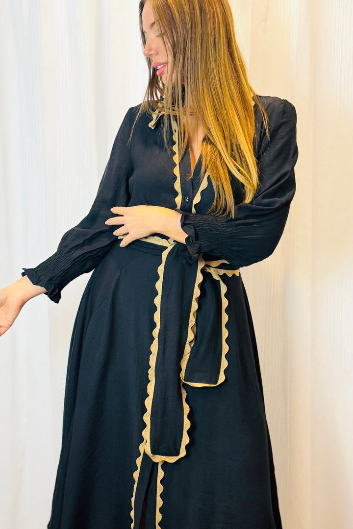 Shyla Midi Dress In Black With Tan Detail