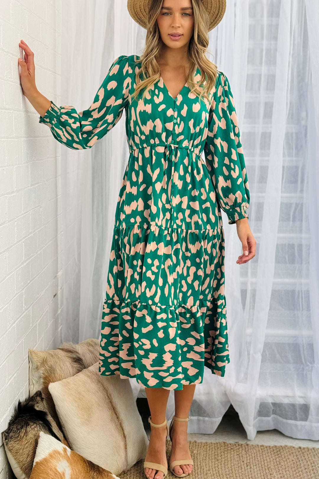 Molli Midi Drawstring Dress in Green Animal Print