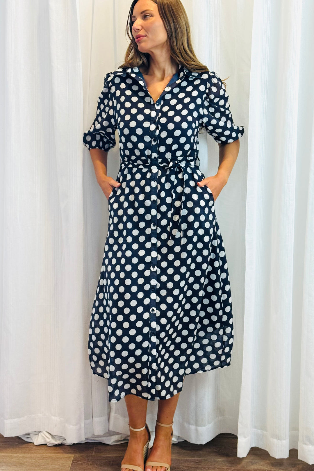Fallon Shirt Dress In Navy and White Polka Dot-New Print