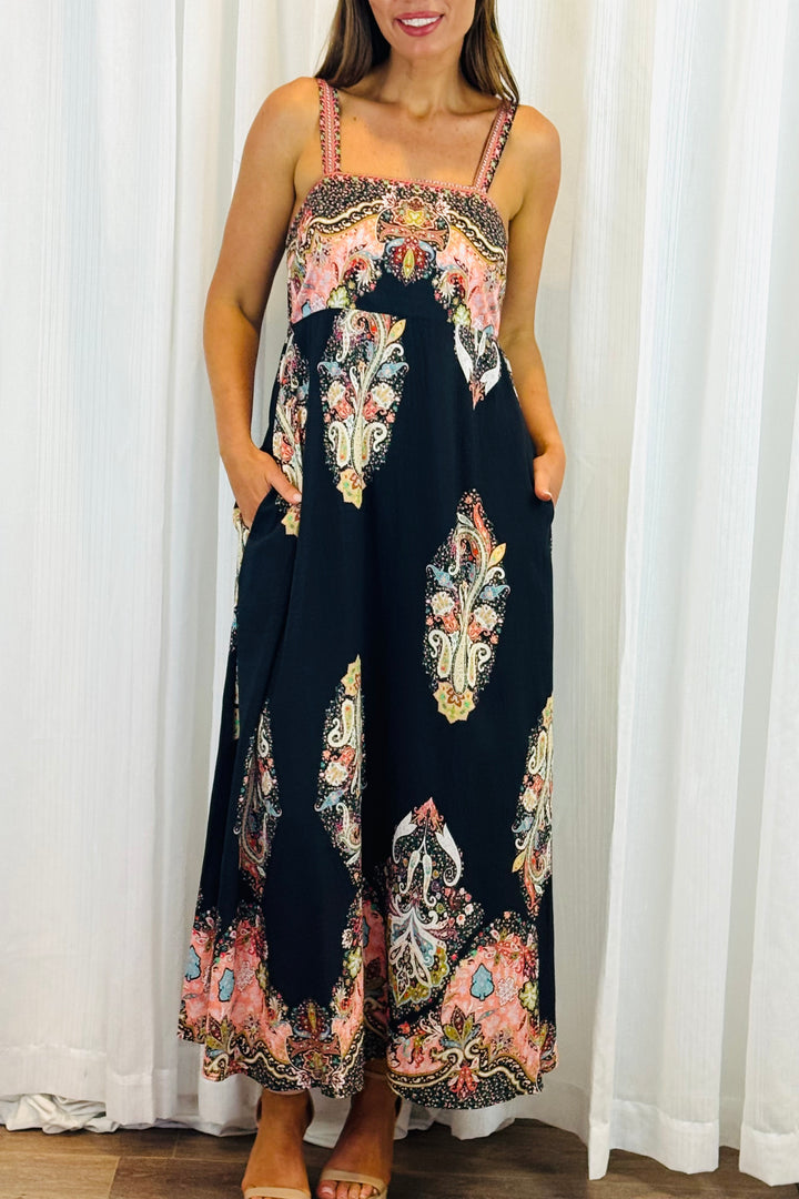 Positano Maxi in Black With Embroidery Multi Print