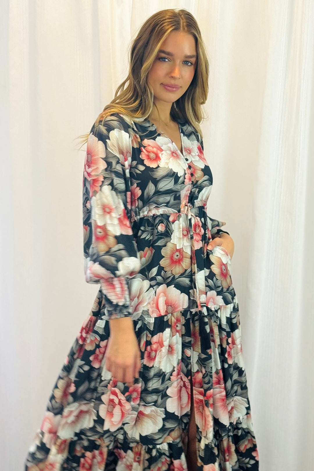 Yasmine Floral Drawstring Maxi Dress with Front Split