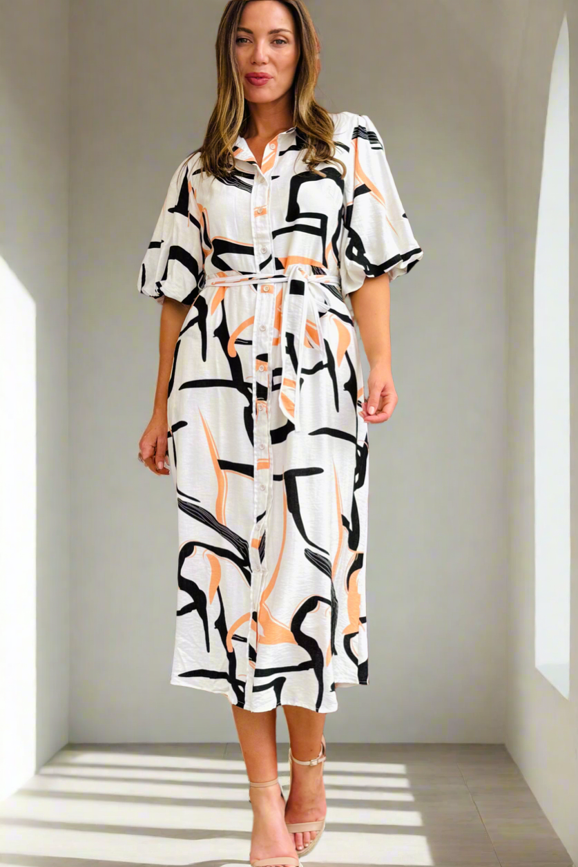 Leah Multi Print Shirt Dress in Off White