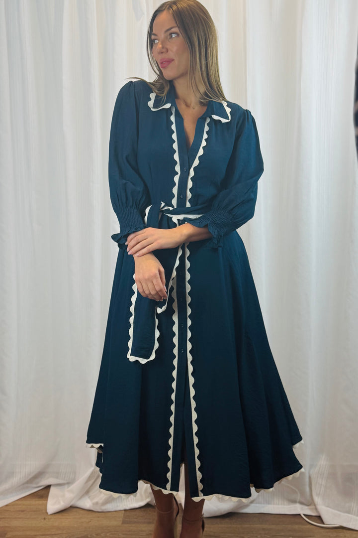 Shyla Dress in Navy with White Trimming