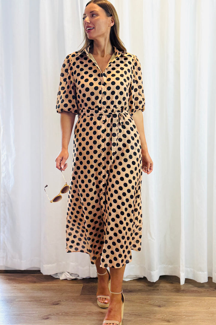 Fallon Polka Dot Shirt Dress in Tan