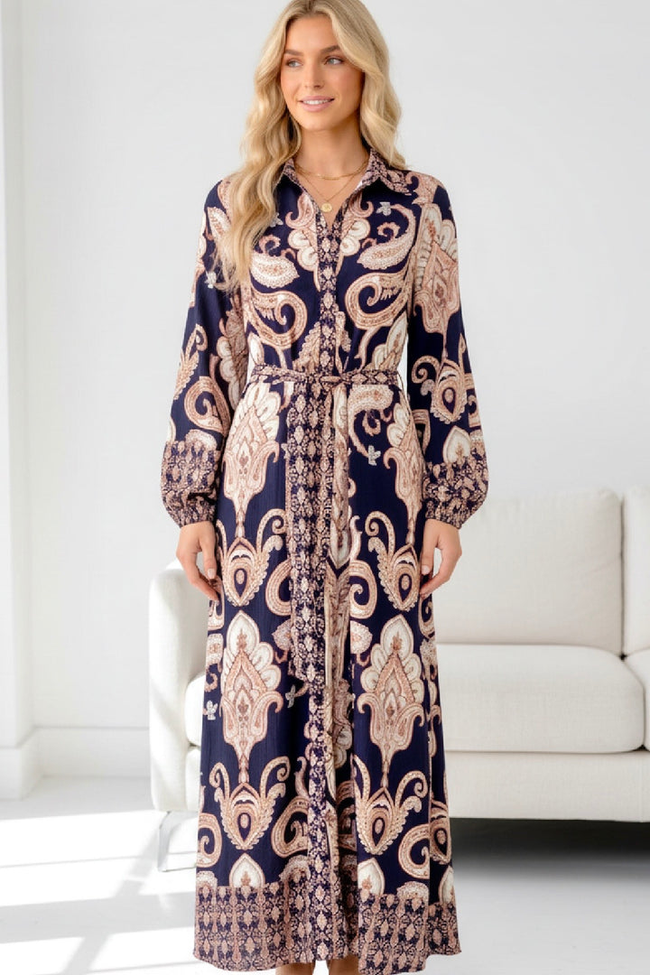 Lennox Navy Print Maxi Shirt Dress