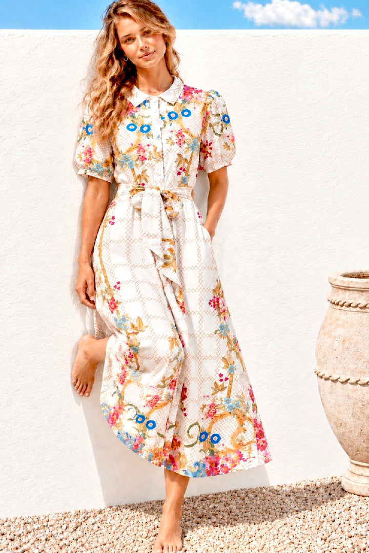 Sasha Multi Print Shirt Dress in Off White