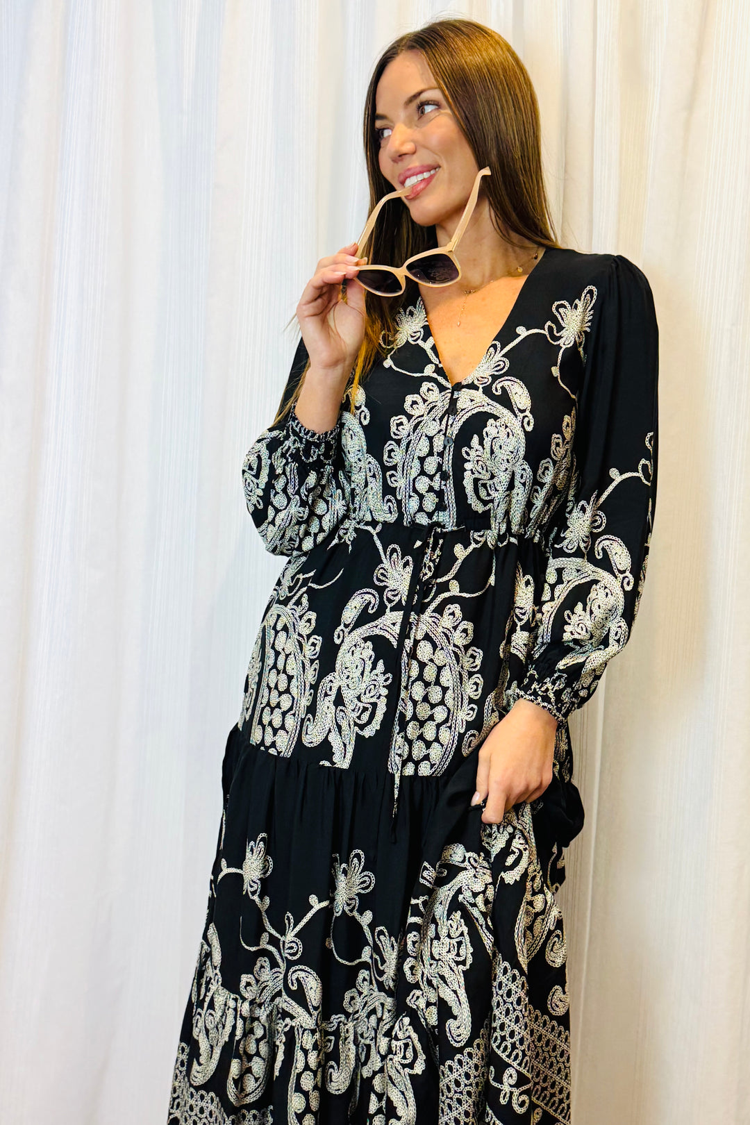 Davina Midi Dress in Black and White Print
