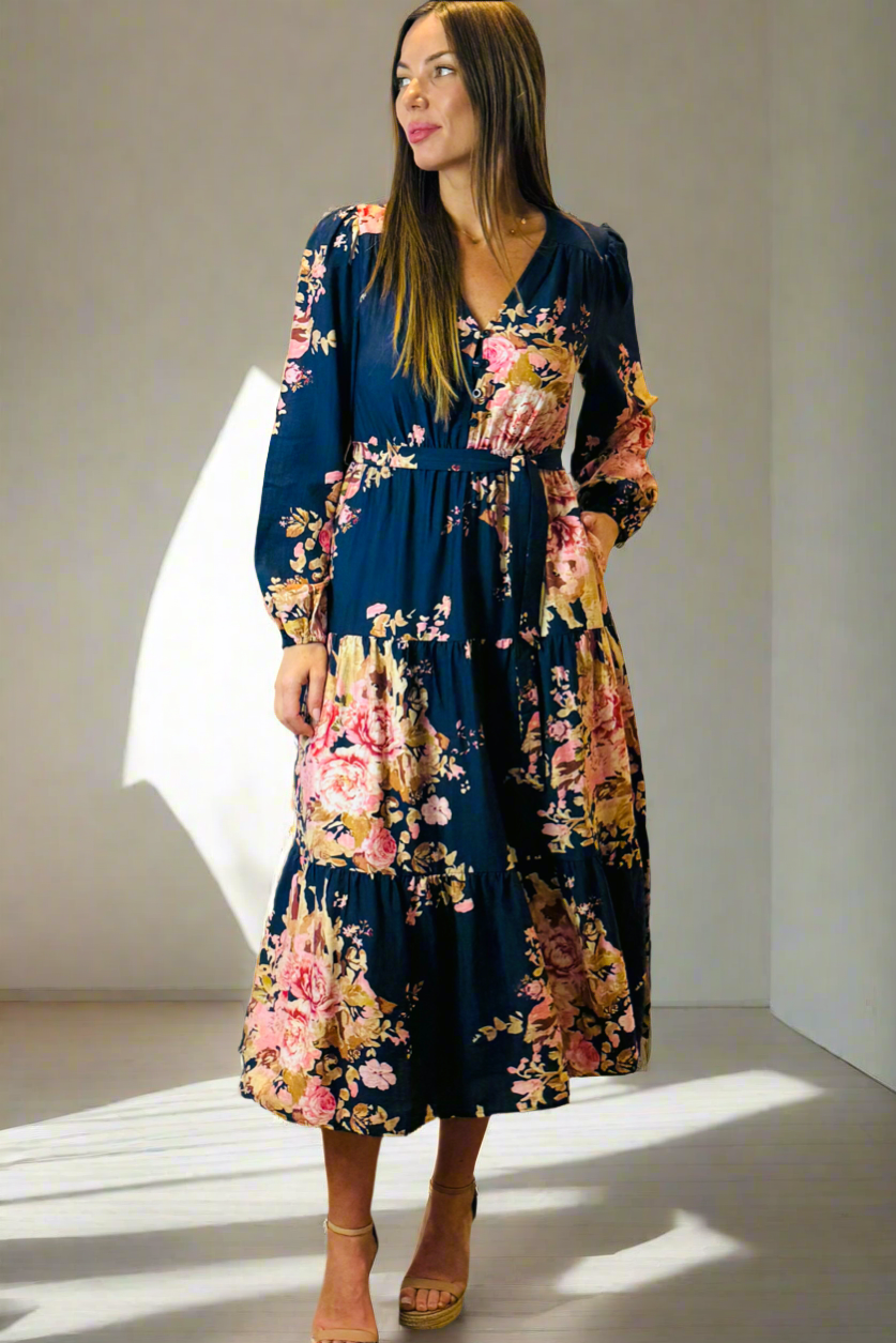 Zara Navy Floral Long Sleeve Dress