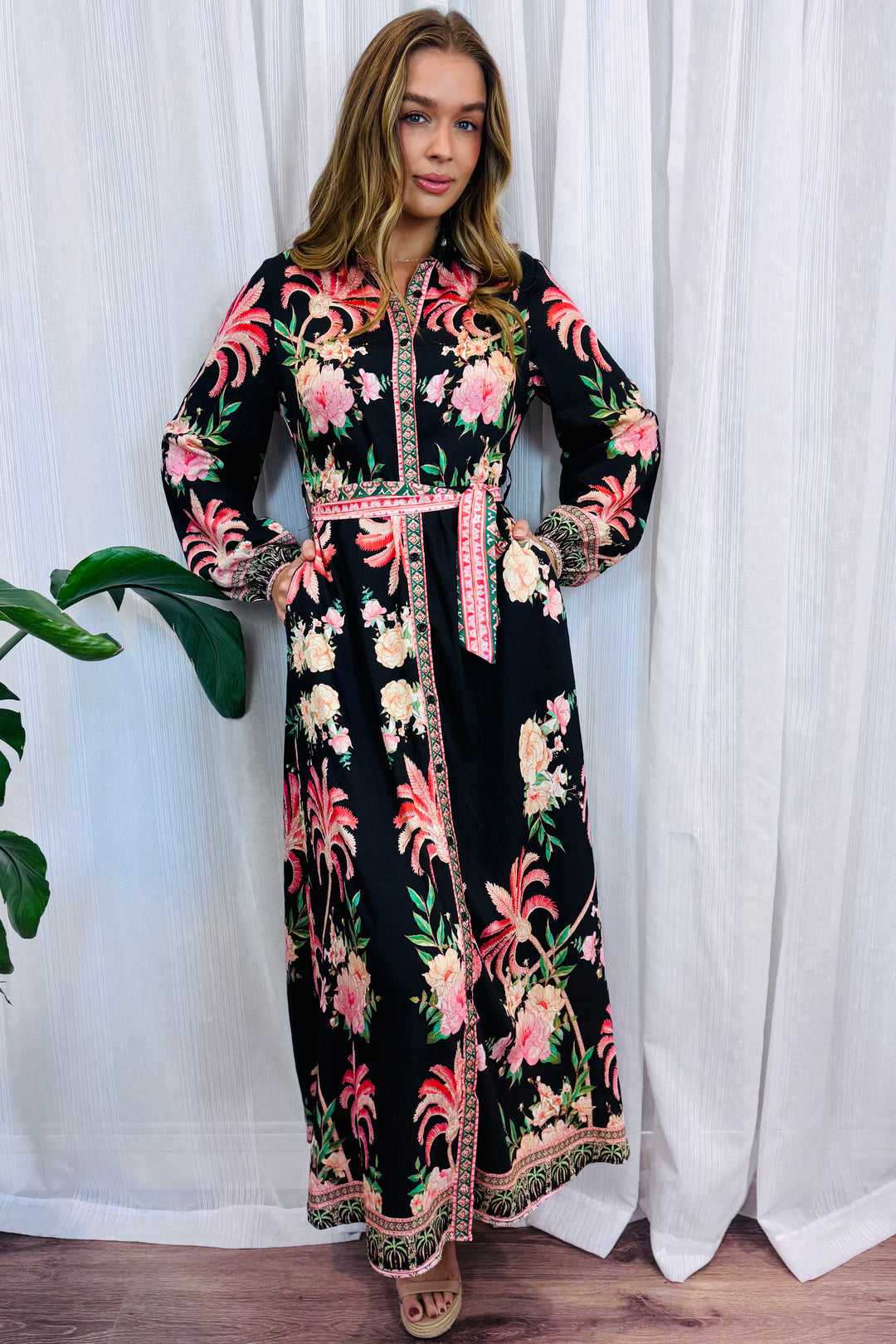 Maddison Palm Print Dress in Long Sleeve