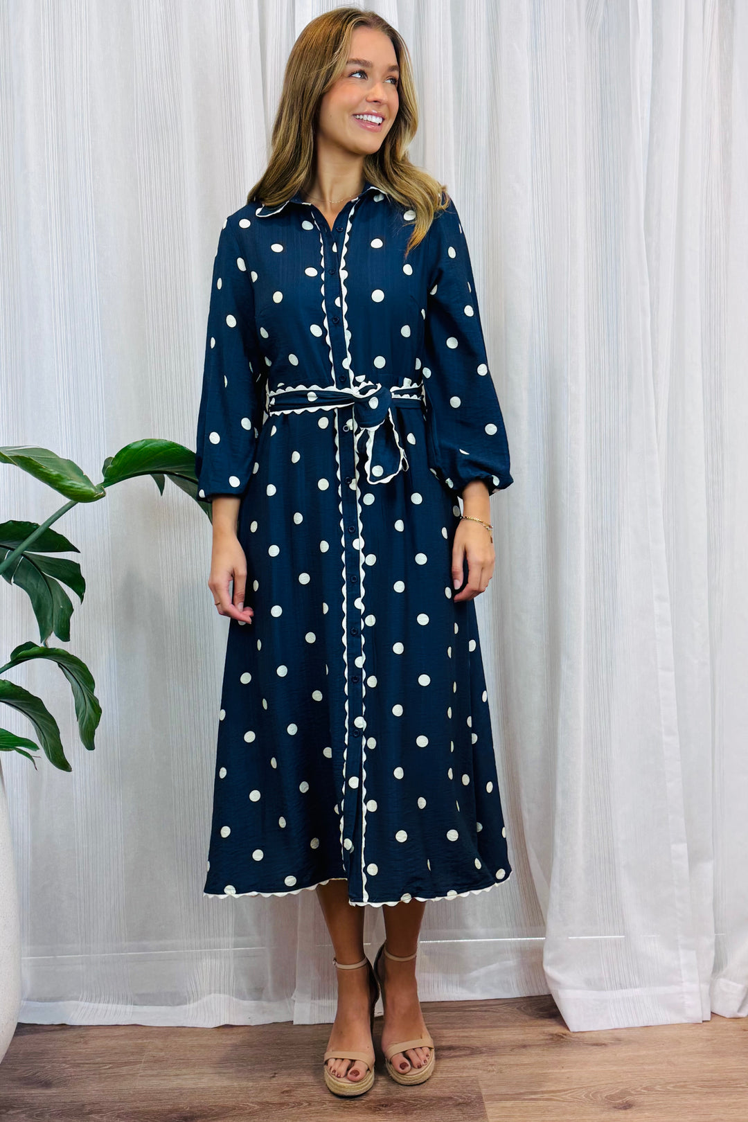 Shyla Polka Dot Long Sleeve in Navy